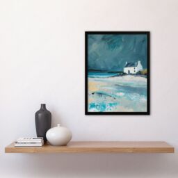 Artery8 White Scottish Cottage Coastal Hills Oil Painting Framed Art Print in Grey - Size: A4 - thumbnail 4