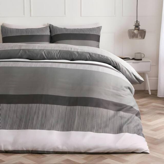 OHS Multi Stripe Bedding Set Microfibre Duvet Cover with Pillowcase in Grey - Size: Double - image 1