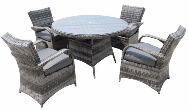 FURNITURE ONE Men's Rattan Effect 4 Seater Dining Set Round Table & chair set NO ASSEMBLY & ALUMINIUM FRAME in Grey