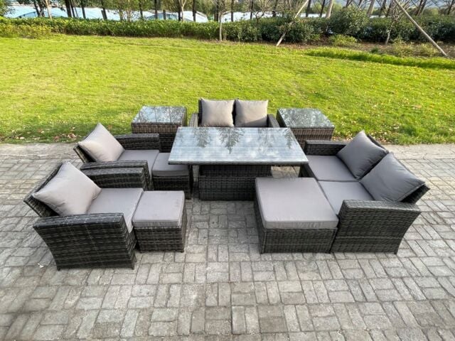 Fimous Outdoor Garden Furniture Sets 10 Pieces Wicker Rattan Furniture Sofa Dining Table Set with 3 Footstools 2 Side Tables in Dark Grey