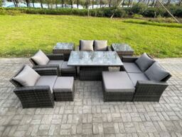 Fimous Outdoor Garden Furniture Sets 10 Pieces Wicker Rattan Furniture Sofa Dining Table Set with 3 Footstools 2 Side Tables in Dark Grey - thumbnail 1
