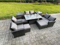 Fimous Outdoor Garden Furniture Sets 10 Pieces Wicker Rattan Furniture Sofa Dining Table Set with 3 Footstools 2 Side Tables in Dark Grey - thumbnail 2
