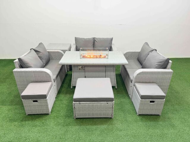 Fimous 9 Seater PE Wicker Rattan Furniture Sofa Sets with Firepit Dining Table 2 Seater Love Sofa 3 Stool Side Table Light Grey - image 1