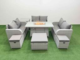 Fimous 9 Seater PE Wicker Rattan Furniture Sofa Sets with Firepit Dining Table 2 Seater Love Sofa 3 Stool Side Table Light Grey - thumbnail 1