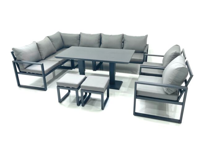 Fimous Aluminum Outdoor Garden Furniture Set Corner Sofa 2 Chair 2 Small Footstool Adjustable Rising Lifting Dining Table Sets Dark Grey