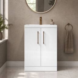Balterley Bathroom Vanity Basin Unit, Brushed Bronze Handles, 600mm, Gloss White - thumbnail 4