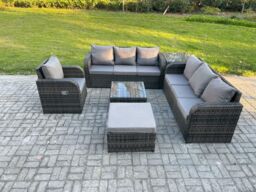 Fimous Outdoor Rattan Garden Furniture Set Conservatory Patio Sofa Coffee Table With Reclining Chair Big Footstool Side Table in Dark Grey - thumbnail 2