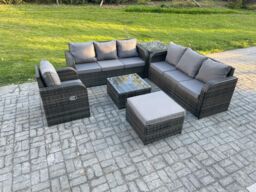 Fimous Outdoor Rattan Garden Furniture Set Conservatory Patio Sofa Coffee Table With Reclining Chair Big Footstool Side Table in Dark Grey - thumbnail 1