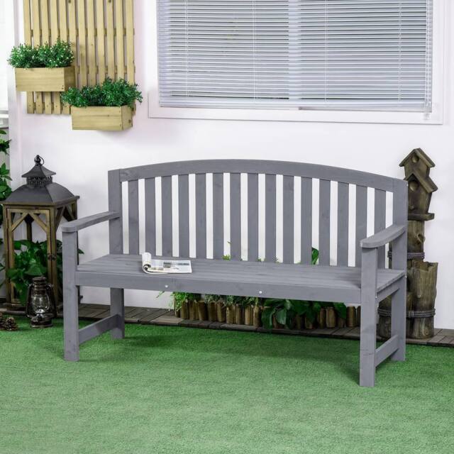 OUTSUNNY Wooden Garden Bench 2 Seater Slatted Seat with Arm for Park Patio Grey - image 1