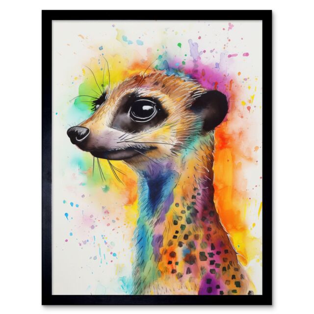 "Artery8 Wall Art Print Meerkat Multicoloured Portrait Watercolour Painting Art Framed in Black - Size: W12"" x H16""" - image 1