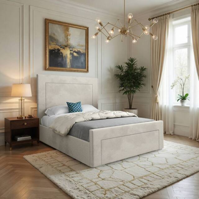 KDMD Lyminge Upholstered Beige Soft Velvet Designer Bed Frame in Cream - Size: Double - image 1