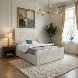 KDMD Lyminge Upholstered Beige Soft Velvet Designer Bed Frame in Cream - Size: Double