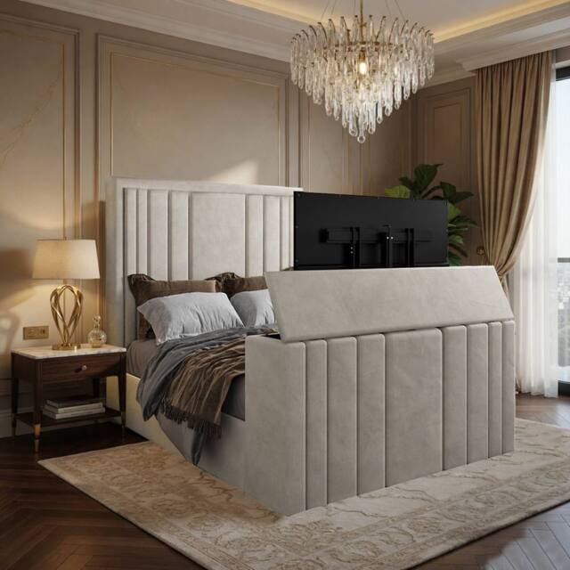 KDMD Artlebeck Upholstered Soft Velvet Pebble Tv Bespoke Bed Frame in Light Sand - Size: Double - image 1