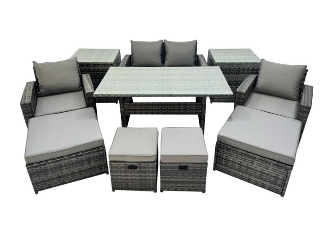 Fimous Outdoor Dining Table Double Seat Sofa 2 Side Tables 4 Stools Set in Dark Grey - image 1