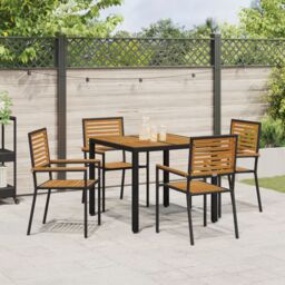 Berkfield Home 5 Piece Garden Dining Set Black Poly Rattan Acacia - thumbnail 4