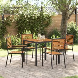 Berkfield Home 5 Piece Garden Dining Set Black Poly Rattan Acacia - thumbnail 1