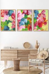 ARTZE Set of 3 Oak Framed Abstract Wild Garden Flowers in Blue & Pink Wall Art - Size: W33 cm x H45 cm x D20mm - thumbnail 1