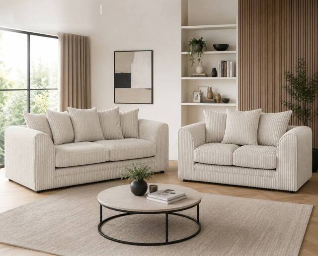 SquareBoxx Asher Jumbo Cord 3+2 Seater Sofa Set in Off-White - image 1
