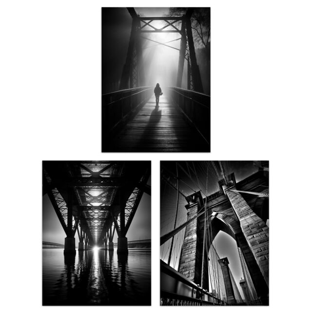 Artery8 Set of 3 Black & White Bridges Atmospheric Photographs in Different Angles Unframed Wall Art Living Room Poster Prints Pack - image 1
