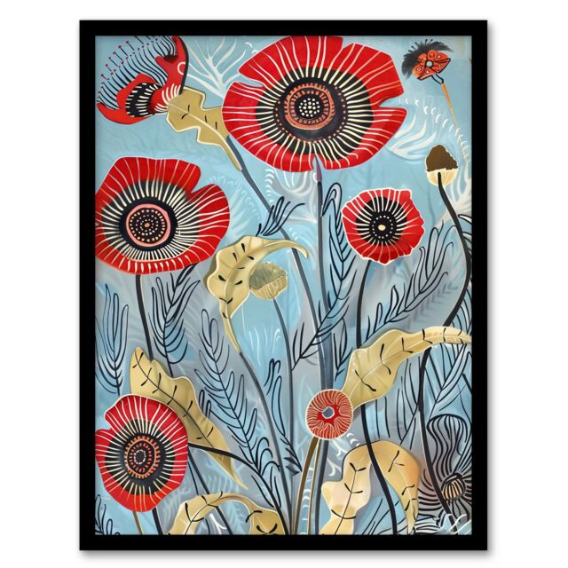 "Artery8 Poppy Flowers Modern Folk Art Painting Quirky Framed Art Print in Blue - Size: W12"" x H16""" - image 1