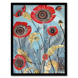 "Artery8 Poppy Flowers Modern Folk Art Painting Quirky Framed Art Print in Blue - Size: W12"" x H16""" - thumbnail 1