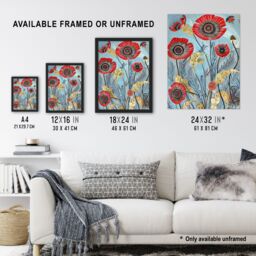 "Artery8 Poppy Flowers Modern Folk Art Painting Quirky Framed Art Print in Blue - Size: W12"" x H16""" - thumbnail 3