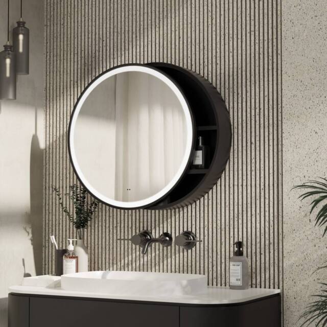 Bathroom Kingdom Monty Black Framed Round Illuminated LED Mirror Cabinet 600mm - image 1