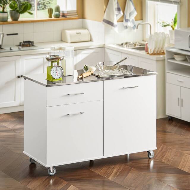 SoBuy Mobile Kitchen Island - Stainless Steel Top in White - image 1