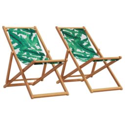 Berkfield Home Folding Beach Chairs 2 pcs Leaf Pattern Fabric & Solid Wood in Green