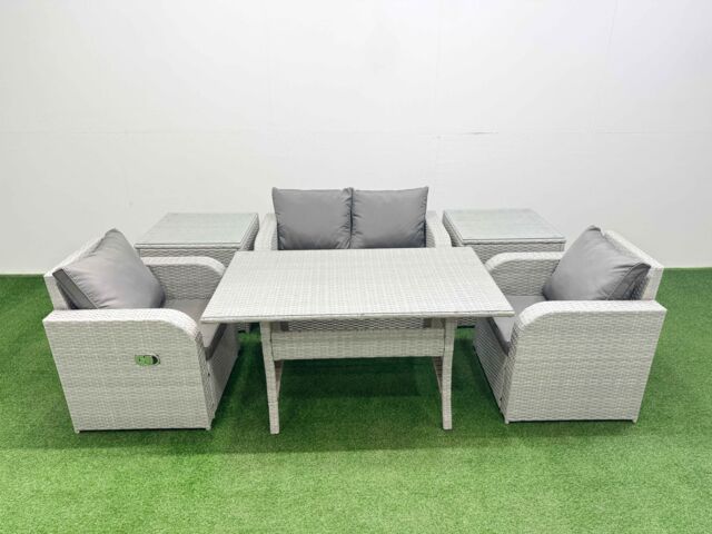 Fimous Light Grey PE Wicker Rattan Garden Furniture Set Sofa Set Reclining Chair Rectangular Dining Table 4 Seater With 2 Side Table - image 1