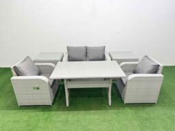 Fimous Light Grey PE Wicker Rattan Garden Furniture Set Sofa Set Reclining Chair Rectangular Dining Table 4 Seater With 2 Side Table - thumbnail 2