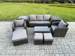 Fimous Rattan Garden Furniture Set Patio Outdoor Lounge Sofa Set with Rectangular Coffee Table 3 Footstools in Dark Grey - thumbnail 1