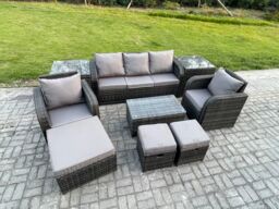 Fimous Rattan Garden Furniture Set Patio Outdoor Lounge Sofa Set with Rectangular Coffee Table 3 Footstools in Dark Grey - thumbnail 2