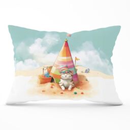 Warren Reed - Designer Cat On A Beach Holiday Cushions in Yellow - Size: 60 cm x 60 cm - thumbnail 1