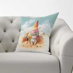 Warren Reed - Designer Cat On A Beach Holiday Cushions in Yellow - Size: 60 cm x 60 cm - thumbnail 2