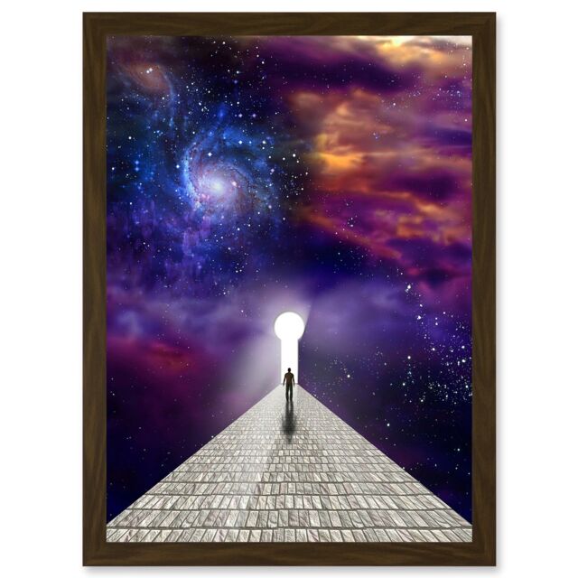Artery8 Man Before Keyhole Surreal Abstract Space Nebula Galaxy A4 Artwork Framed Wall Art Print in Brown - image 1