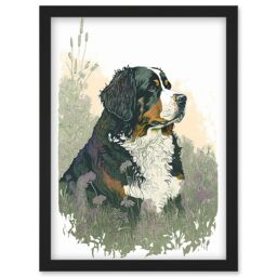 Artery8 Bernese Mountain Dog in Wild Flower Field Watercolour Illustration Artwork Framed Wall Art Print A4 in Black - thumbnail 1