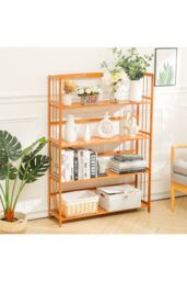 Living and Home 4-tiered Bamboo Bookshelf Freestanding Bookcase Home Storage Shelves in Brown - thumbnail 1