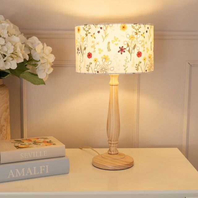 ValueLights Victoria Light Wood Candlestick Table Lamp with Floral Embroidered Shade & Bulb in Natural