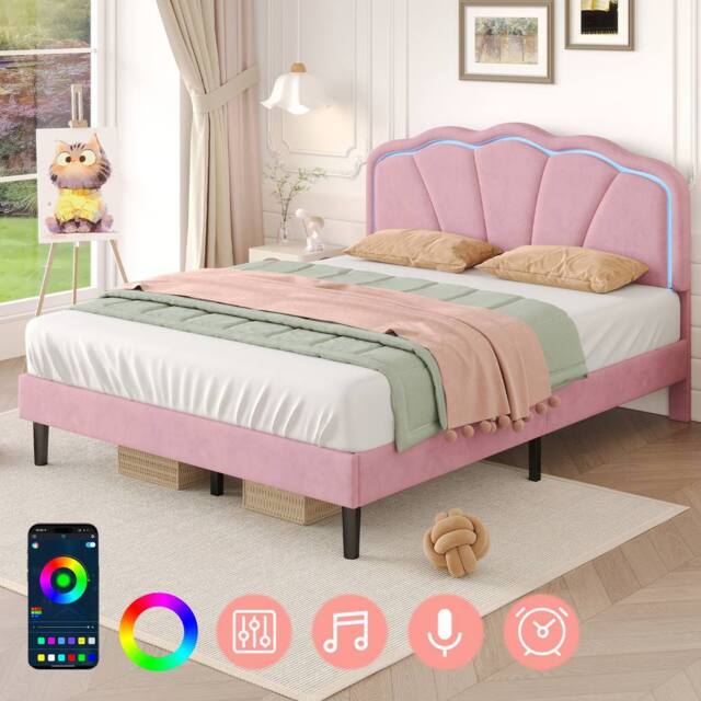 ModernLuxe Upholstered double bed with adjustable LED shell headboard in Pink - image 1