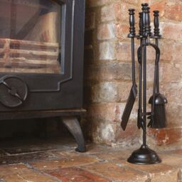 Valiant Fireside Companion Tool Set - Includes Ash Shovel, Brush, Coal Tongs, Poker & Decorative Stand in Black