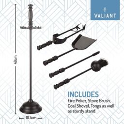 Valiant Fireside Companion Tool Set Includes Ash Shovel, Brush, Coal Tongs, Poker & Decorative Stand in Black - thumbnail 3