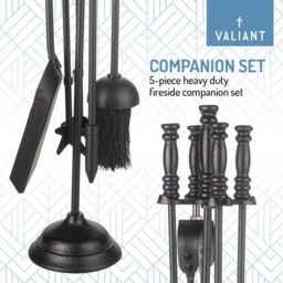 Valiant Fireside Companion Tool Set Includes Ash Shovel, Brush, Coal Tongs, Poker & Decorative Stand in Black - thumbnail 2