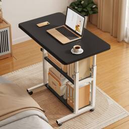 Living and Home 3-tier Height Adjustable Mobile Table Overbed Desk with Shelves Wheels in Black - thumbnail 4