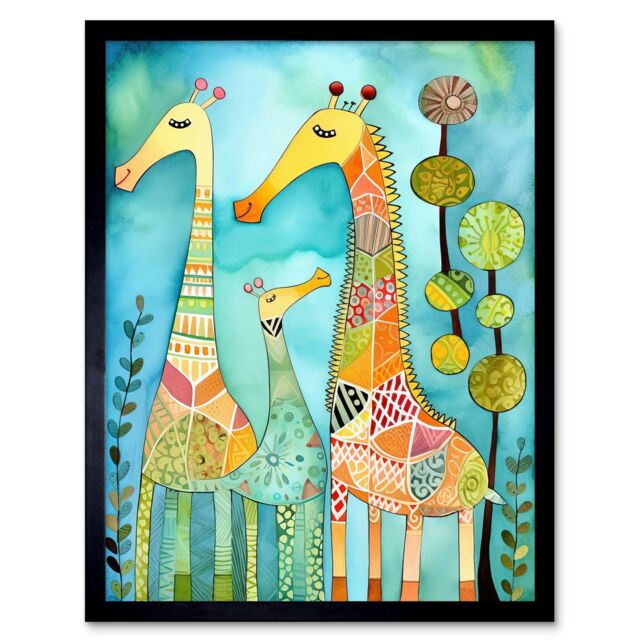 "Artery8 Wall Art Print Folk Art Giraffes Fun Cute Kids Bedroom Painting Art Framed in Black - Size: W12"" x H16""" - image 1