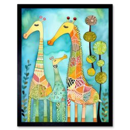 "Artery8 Wall Art Print Folk Art Giraffes Fun Cute Kids Bedroom Painting Art Framed in Black - Size: W12"" x H16""" - thumbnail 1