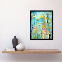 "Artery8 Wall Art Print Folk Art Giraffes Fun Cute Kids Bedroom Painting Art Framed in Black - Size: W12"" x H16""" - thumbnail 2