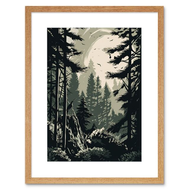 "Artery8 Wall Art Print Pine Tree Forest Sunrise Landscape Artwork Framed 9X7 Inch in Beige - Size: W7"" x H9""" - image 1