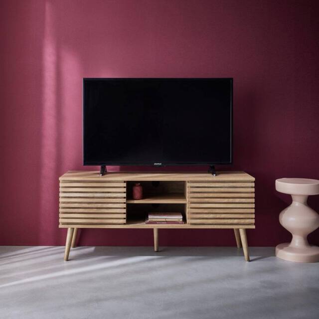 sweeek 120 Cm Scandinavian Tv Unit Grooved Wooden Effect 2 Doors in Light Brown - image 1