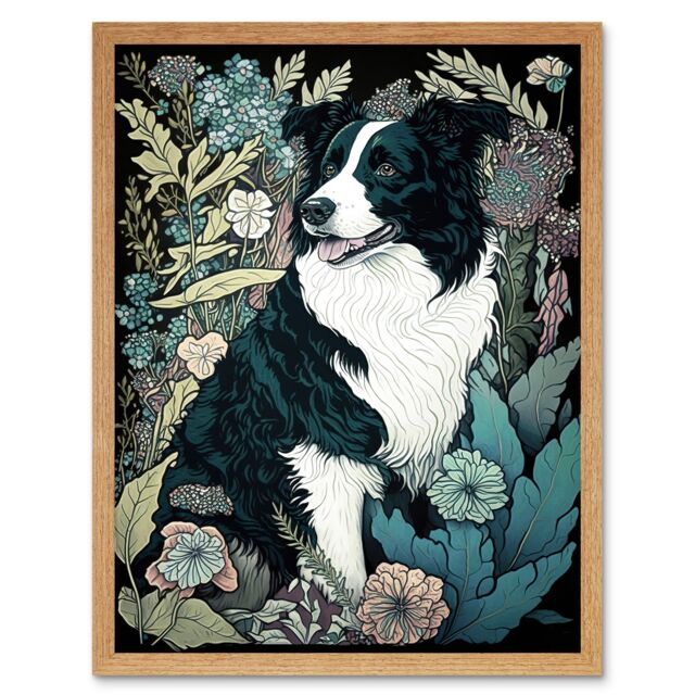"Artery8 Wall Art Print Border Collie Dog in Wildflower Field Modern Art Framed in Light Oak - Size: W12"" x H16""" - image 1